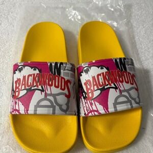 Backwoods Slides Sandals – Yellow Graffiti Print Size 6/38